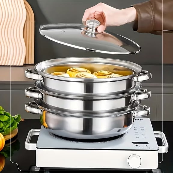 Stainless Steel Multi-Layer Steamer with Glass Lid, 3/4/5 Tier Stackable Steamer Pot for Induction Cooktop, Dishwasher Safe for Seafood Vegetables and Dim Sum
