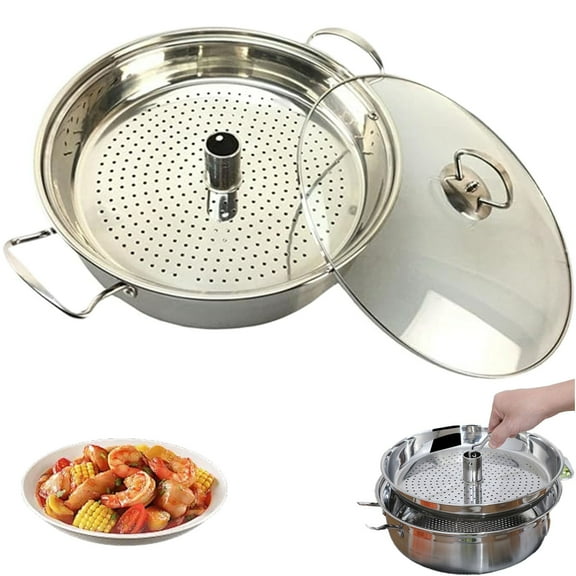 Stainless Steel Multi-Purpose Steam Pot Non-Stick Seafood Crawfish Boiler with Glass Lid for Induction Gas Stove Home Kitchen Camp Outdoor, 1 Steamer