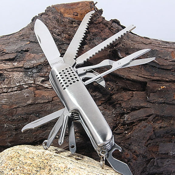 Stainless Steel Multifunction Folding Pocket Knife - 11-in-1 Outdoor Camping Tool with Scissors, Can Opener, Nail File, Screwdriver, and More - Perfect Gift for Adventurers and Everyday Use