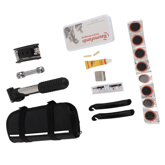 Stainless Steel Multifunctional  Repair Kit with Mini Inflator, Tire Levers, Socket Wrench & Patch Kit in Cloth Bag