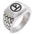 thumbnail image 1 of Tioneer Stainless Steel Murakami Samurai Crest Geometric Pattern Step-Down Biker Style Polished Ring, 1 of 1