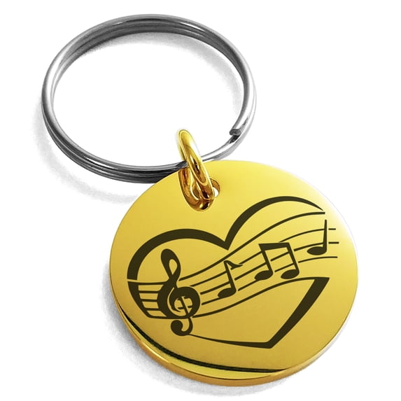Stainless Steel Musical Love Note Heart Engraved Small Medallion Circle Charm Keychain Keyring