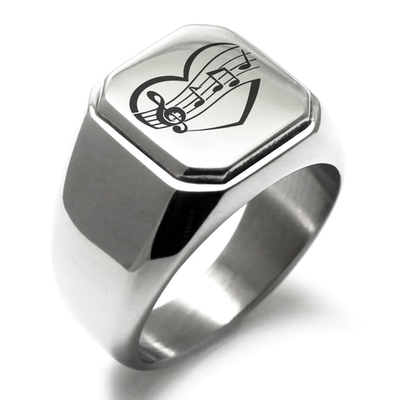 Stainless Steel Musical Love Note Heart Engraved Square Flat Top Biker Style Polished Ring