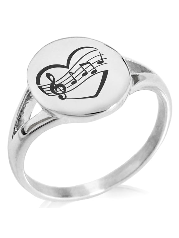 Stainless Steel Musical Love Note Heart Minimalist Oval Top Polished Statement Ring