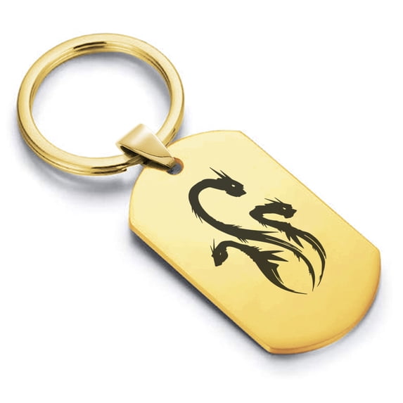 Stainless Steel Mythical Hydra Head Dog Tag Keychain Circle Ring