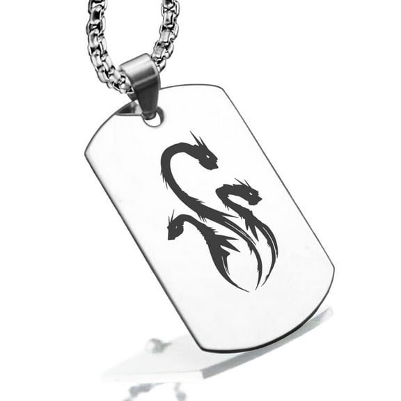 Stainless Steel Mythical Hydra Head Dog Tag Pendant Necklace
