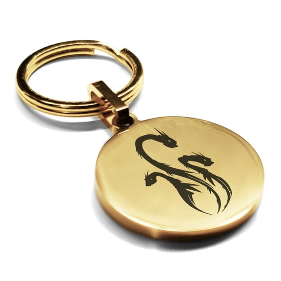 Stainless Steel Mythical Hydra Head Round Medallion Keychain Circle Ring
