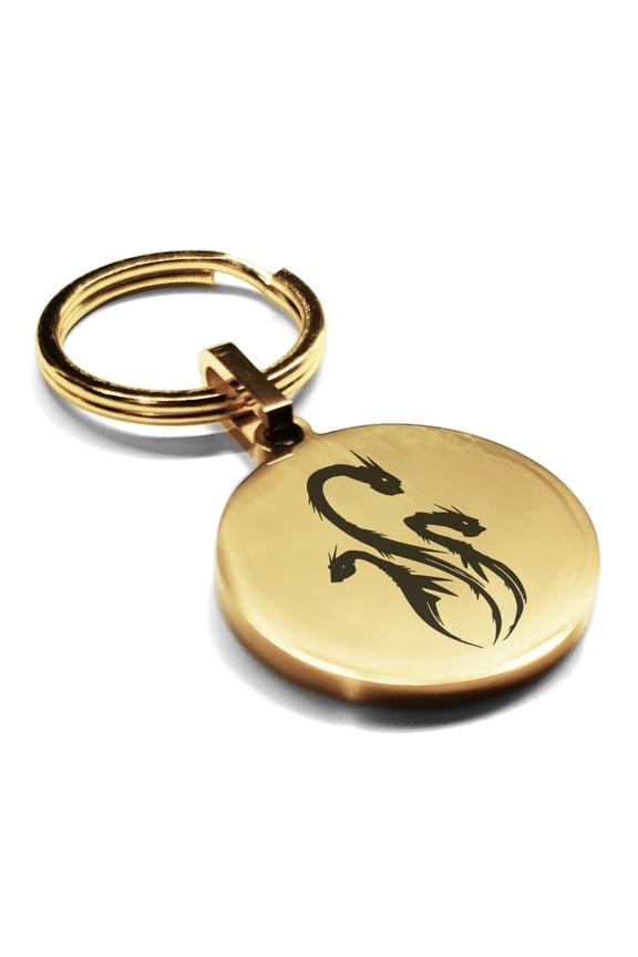 Stainless Steel Mythical Hydra Head Round Medallion Keychain Circle Ring