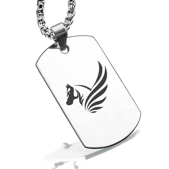 Stainless Steel Mythical Pegasus Head Dog Tag Pendant Necklace