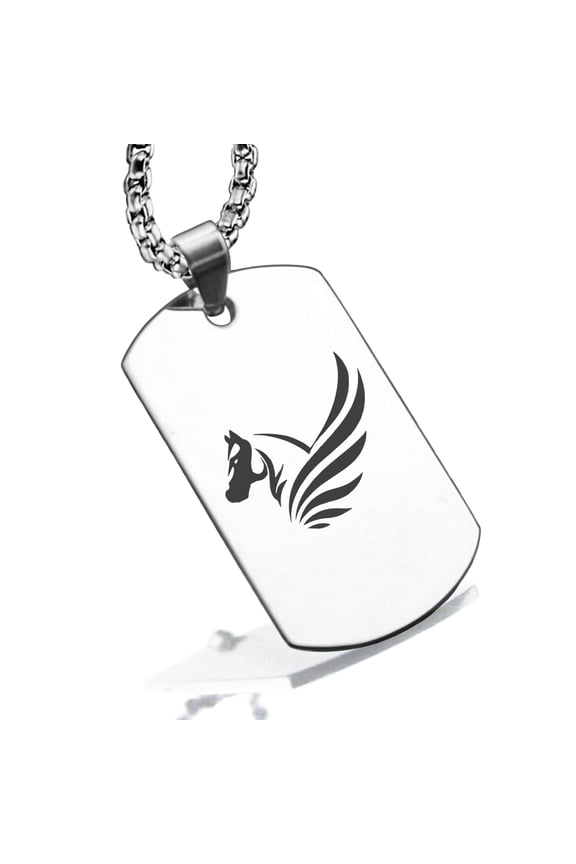 Stainless Steel Mythical Pegasus Head Dog Tag Pendant Necklace