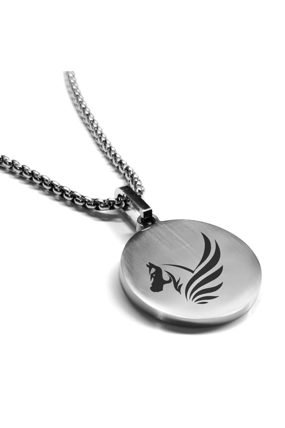 Stainless Steel Mythical Pegasus Head Round Medallion Pendant Necklace