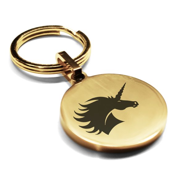 Stainless Steel Mythical Unicorn Head Round Medallion Keychain Circle Ring