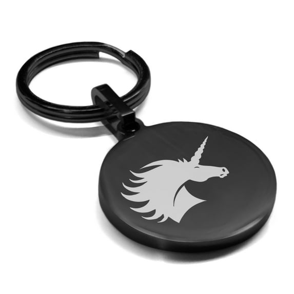 Stainless Steel Mythical Unicorn Head Round Medallion Keychain Circle Ring