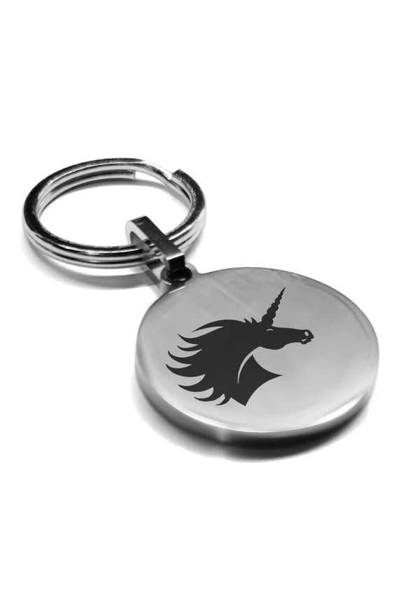Stainless Steel Mythical Unicorn Head Round Medallion Keychain Circle Ring