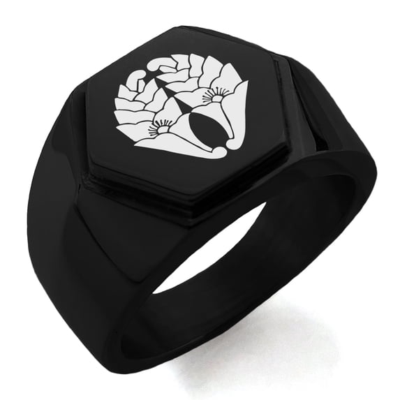 Tioneer Stainless Steel Nabeshima Samurai Crest Engraved Hexagon Crest Flat Top Biker Style Polished Ring