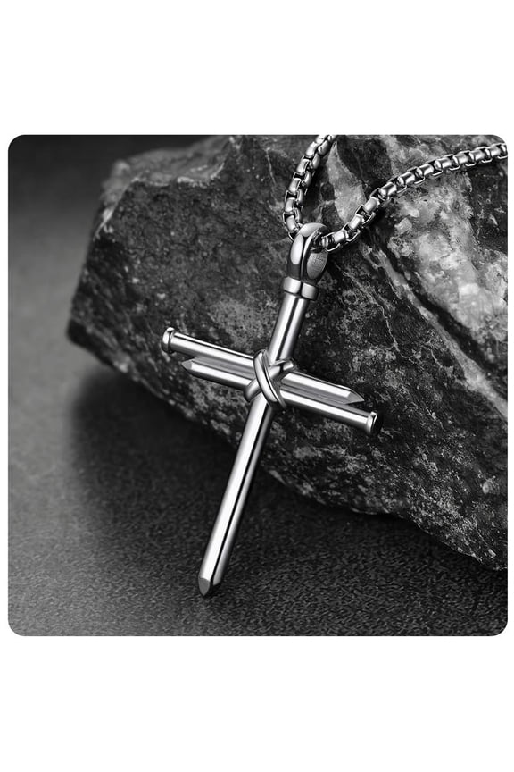 Stainless Steel Nail Cross Necklace for Men Strength Bible Cross Pendant Necklace for Men