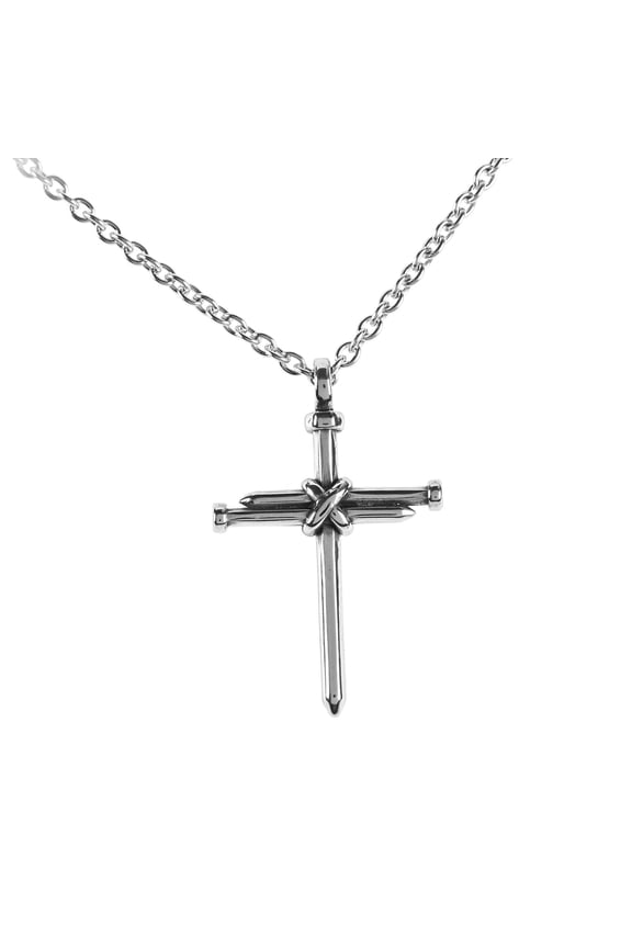 32-6770 3 Nail Cross With Center Wrap, Silver Tone, 24 Inch, Stainless Steel, Men's Everyday Necklace,
