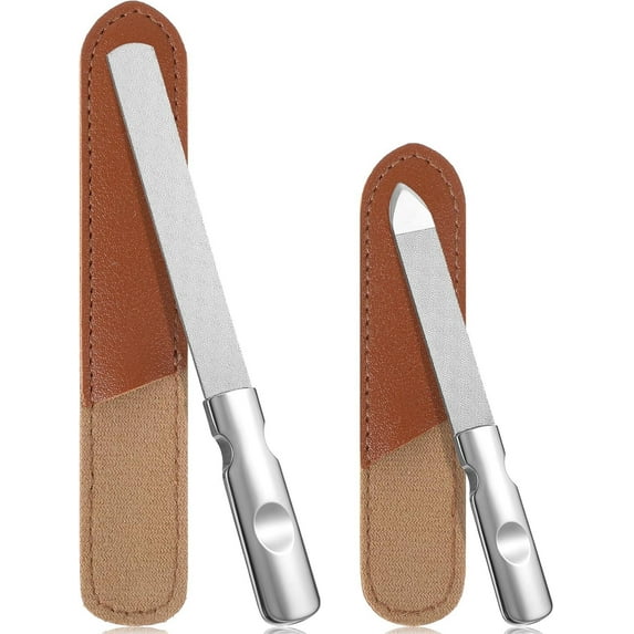 Stainless Steel Nail File with Anti-Slip Handle and Leather Case, Double Sided and Files Nails Easily for Men and Woman