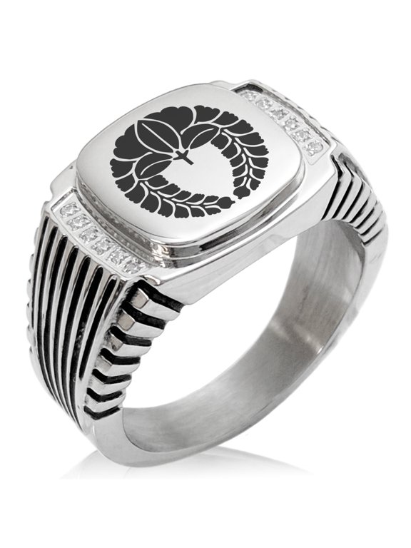 Stainless Steel Naito Samurai Crest CZ Ribbed Needle Stripe Pattern Biker Style Polished Ring