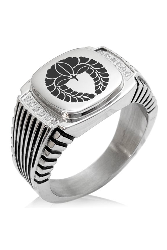 Stainless Steel Naito Samurai Crest CZ Ribbed Needle Stripe Pattern Biker Style Polished Ring