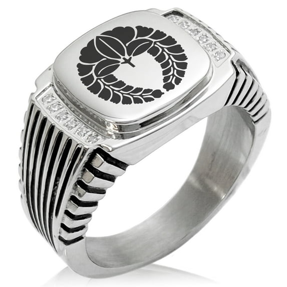 Stainless Steel Naito Samurai Crest CZ Ribbed Needle Stripe Pattern Biker Style Polished Ring