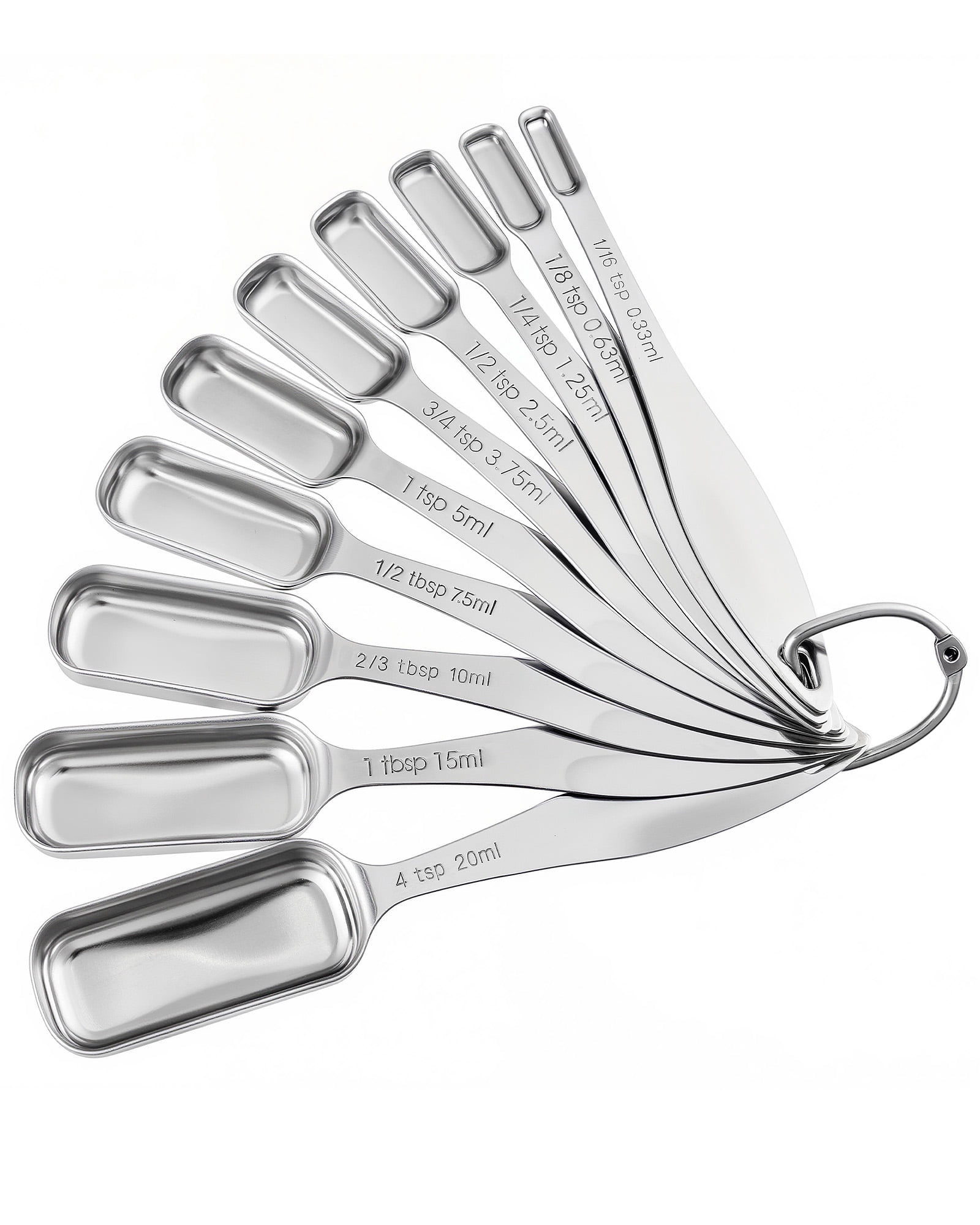 Stainless Steel Narrow Measuring Spoons, Heavy Duty Metal Measuring Spoons with Long Handle and Engraved Measurements Set of 10, For Dry or Liquid, Fits in Spice Jar