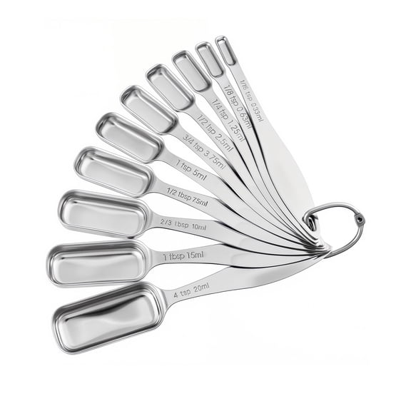 Stainless Steel Narrow Measuring Spoons, Heavy Duty Metal Measuring Spoons with Long Handle and Engraved Measurements Set of 10, For Dry or Liquid, Fits in Spice Jar