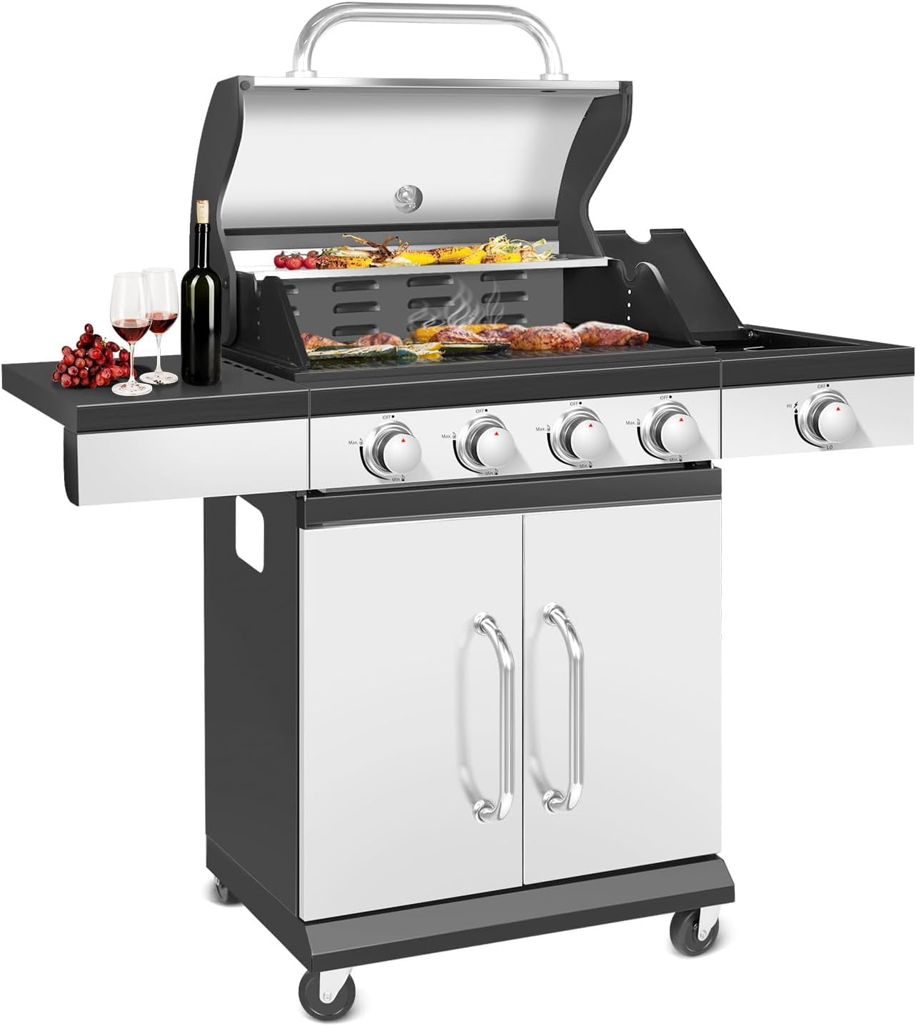 Stainless Steel Propane Gas Grill with 4-Burner, 760 Square inches of Total Cooking Area with 48000 BTU, Infrared Side Burner for Household, Party, BBQ, Black