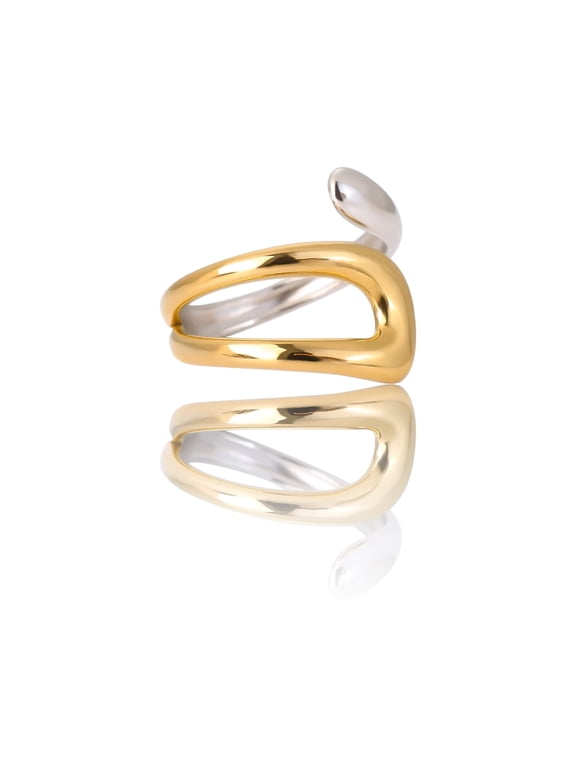 Stainless Steel Natural Stone Turquoise Hyperbolic Ring Women Bohemian Golden Personality Waterproof Jewelry