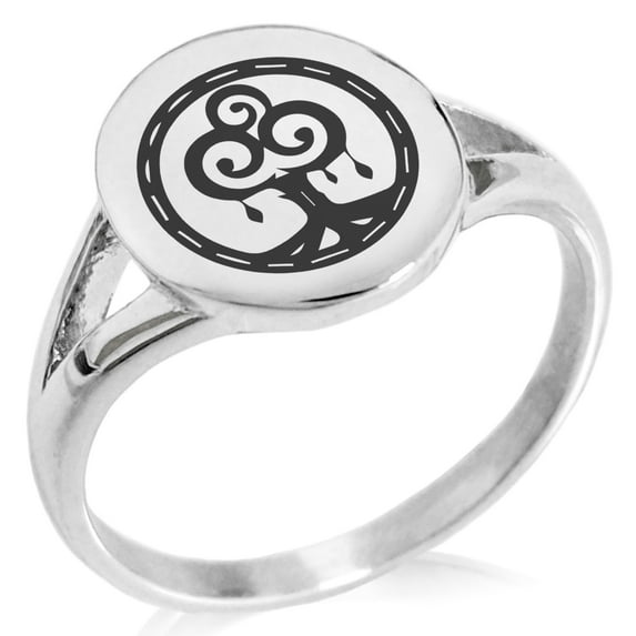 Tioneer Stainless Steel Nature Magic Rune Minimalist Oval Top Polished Statement Signet Ring