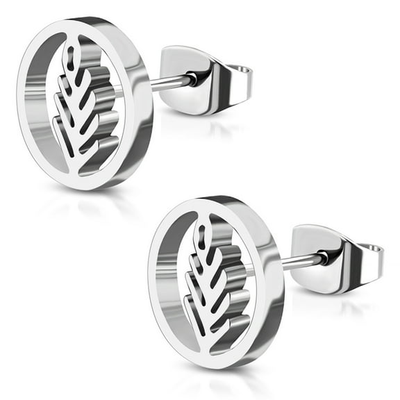 Stainless Steel Nature Olive Leaf Branch Circle Round Button Stud Post Earrings