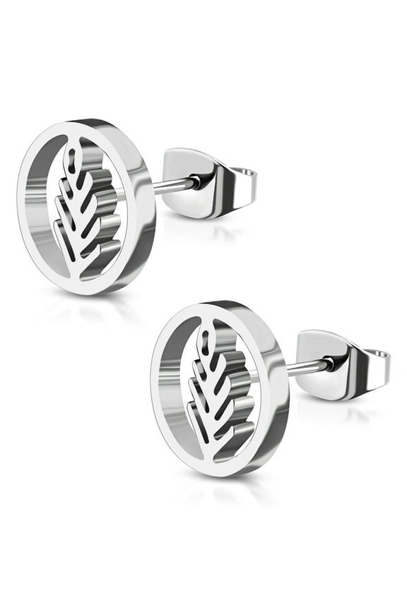 Stainless Steel Nature Olive Leaf Branch Circle Round Button Stud Post Earrings