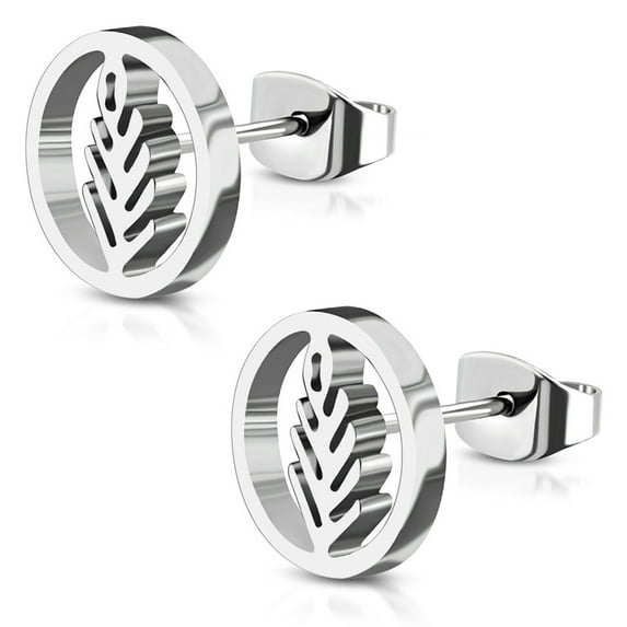 Stainless Steel Nature Olive Leaf Branch Circle Round Button Stud Post Earrings