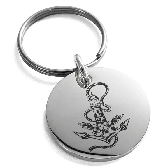 Tioneer Stainless Steel Nautical Anchor Lighthouse Engraved Small Medallion Circle Charm Keychain Keyring