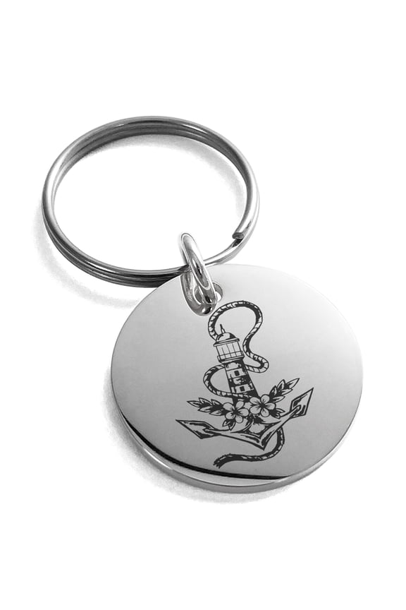 Stainless Steel Nautical Anchor Lighthouse Engraved Small Medallion Circle Charm Keychain Keyring