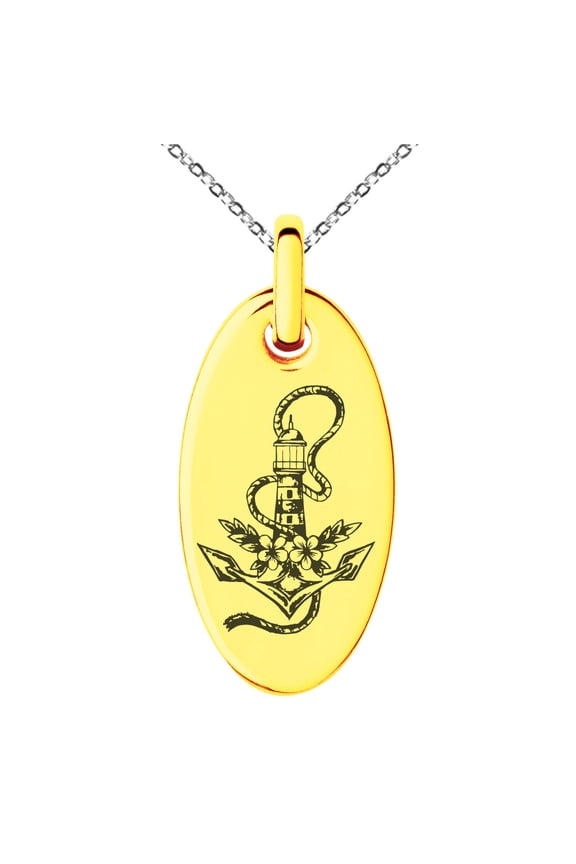 Stainless Steel Nautical Anchor Lighthouse Engraved Small Oval Charm Pendant Necklace