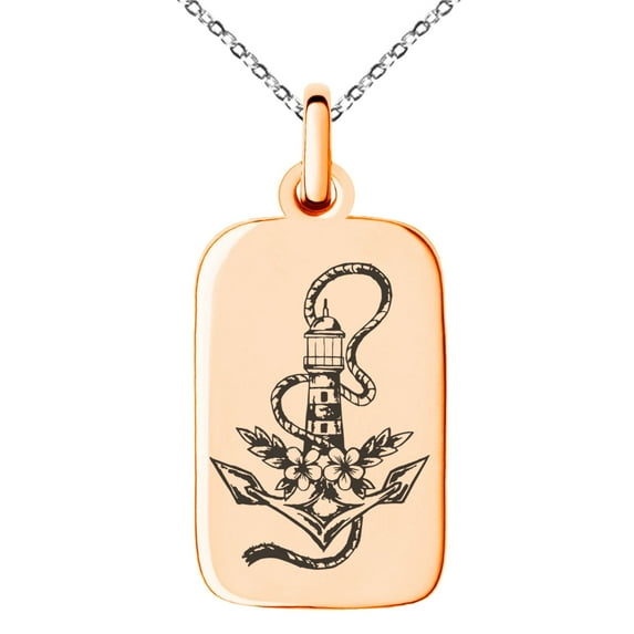 Tioneer Stainless Steel Nautical Anchor Lighthouse Engraved Small Rectangle Dog Tag Charm Pendant Necklace