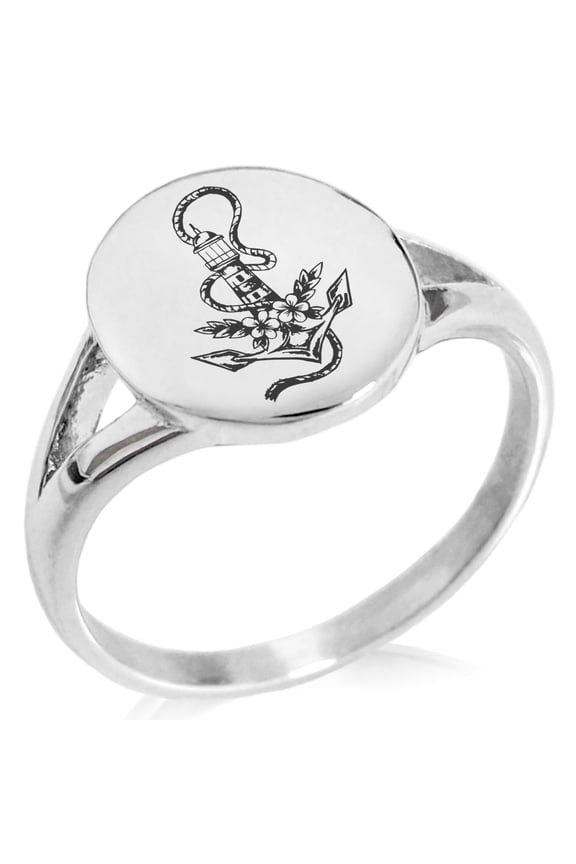 Stainless Steel Nautical Anchor Lighthouse Minimalist Oval Top Polished Statement CZ Signet Ring