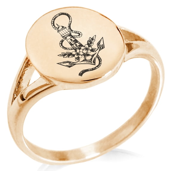 Stainless Steel Nautical Anchor Lighthouse Minimalist Oval Top Polished Statement Signet Ring