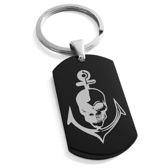 Stainless Steel Nautical Anchor & Skull Engraved Dog Tag Keychain Keyring