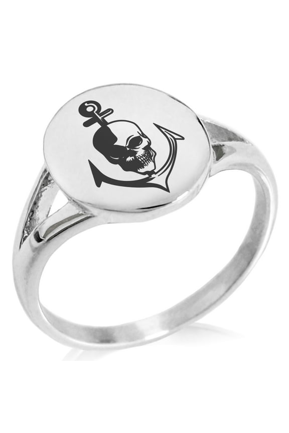 Stainless Steel Nautical Anchor & Skull Minimalist Oval Top Polished Statement Signet Ring