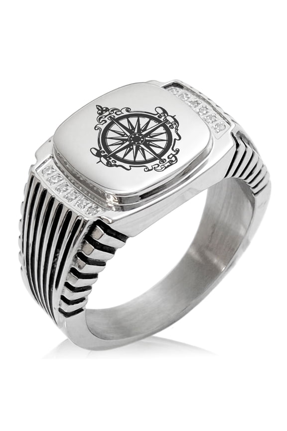 Stainless Steel Nautical Antique Royal Compass CZ Ribbed Needle Stripe Pattern Biker Style Polished Ring