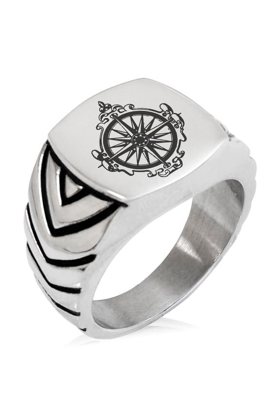 Stainless Steel Nautical Antique Royal Compass Chevron Pattern Biker Style Polished Ring