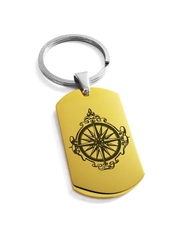 Stainless Steel Nautical Antique Royal Compass Engraved Dog Tag Keychain Keyring