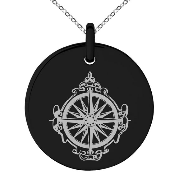 Stainless Steel Nautical Antique Royal Compass Engraved Small Medallion Circle Charm Pendant Necklace