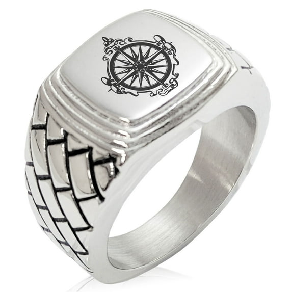 Tioneer Stainless Steel Nautical Antique Royal Compass Geometric Pattern Step-Down Biker Style Polished Ring