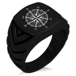 Stainless Steel Nautical Chaim Compass Chevron Pattern Biker Style Polished Ring