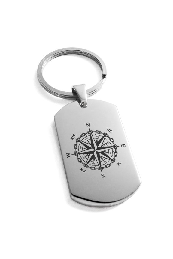 Stainless Steel Nautical Chaim Compass Engraved Dog Tag Keychain Keyring