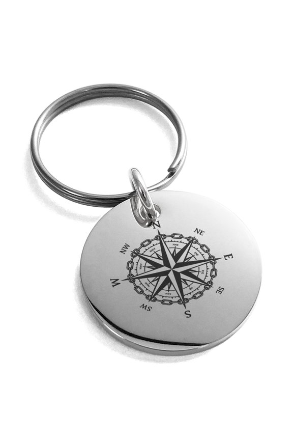 Stainless Steel Nautical Chaim Compass Engraved Small Medallion Circle Charm Keychain Keyring