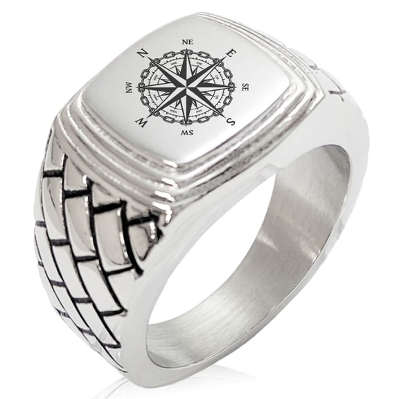 Stainless Steel Nautical Chaim Compass Geometric Pattern Step-Down Biker Style Polished Ring